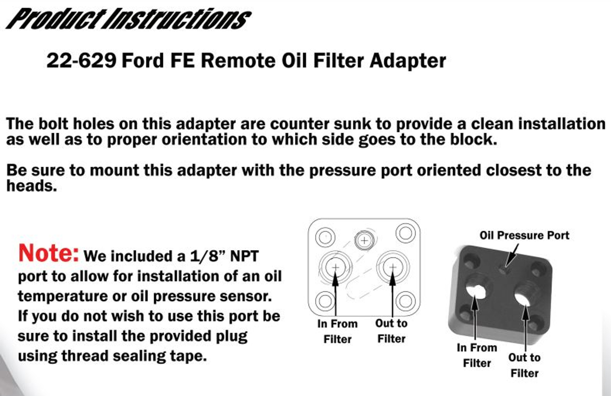 22-629 Billet Aluminum Remote Oil Filter Adapter For Ford FE